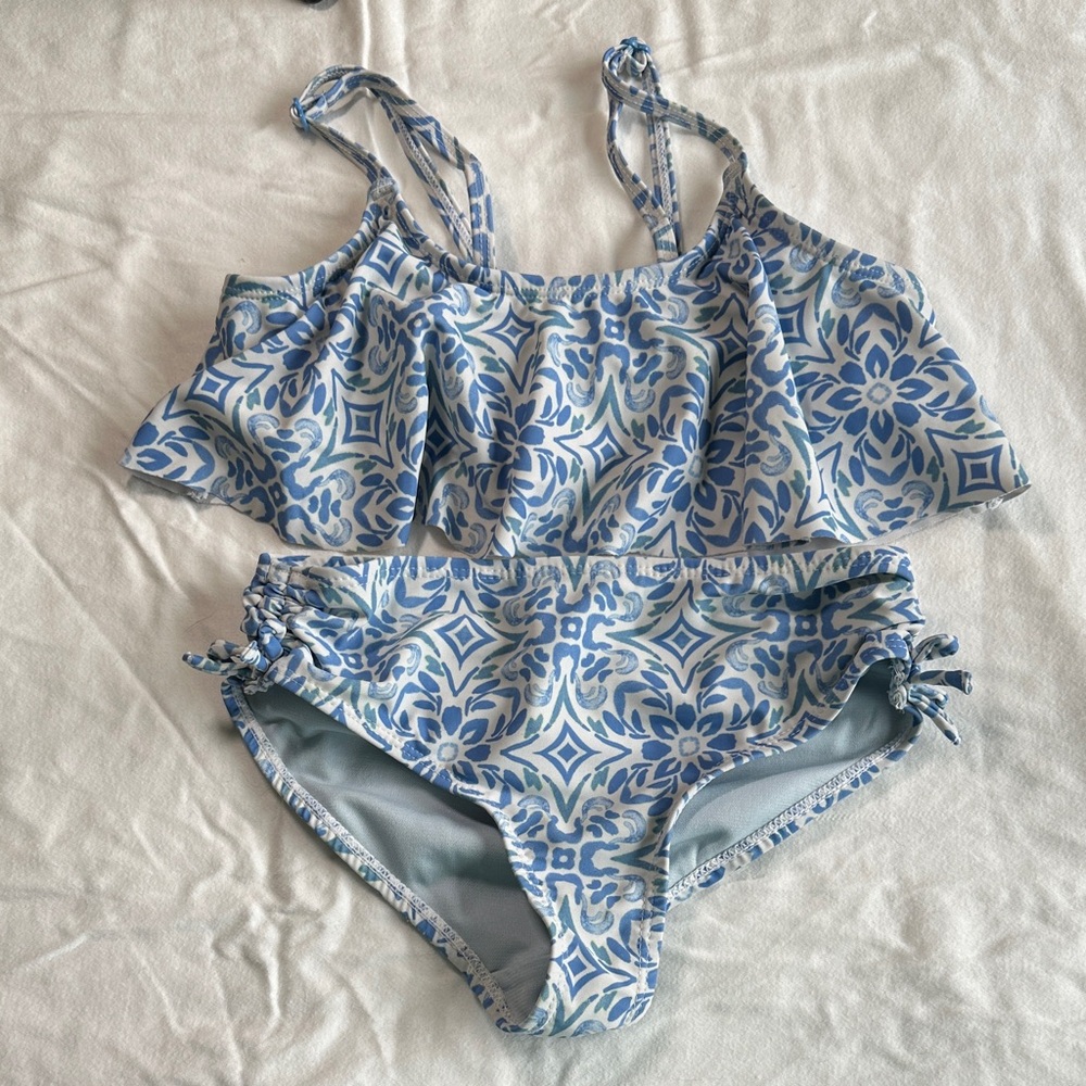 Roxy Blue and White Patterned Kids Bikini Sz 10